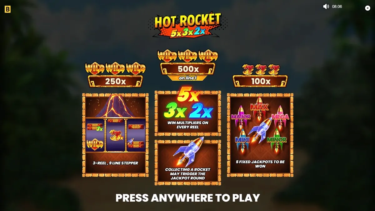 Tampilan visual slot Hot Rocket 5x 3x 2x dengan tema gunung berapi dan simbol klasik.