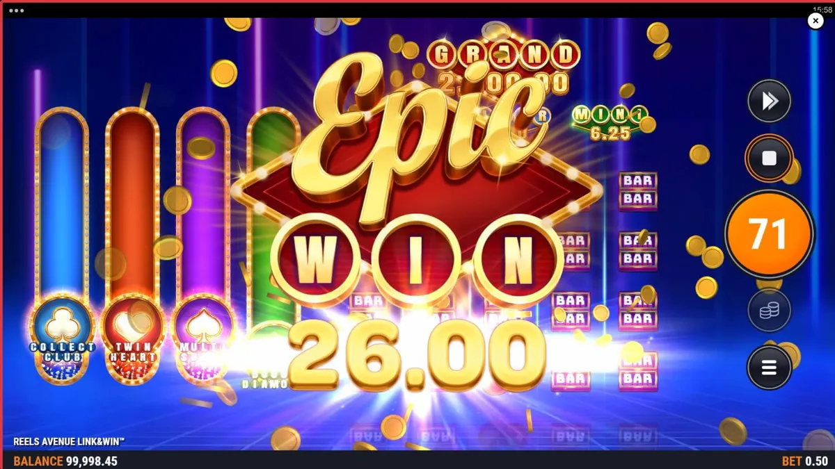 Tampilan antarmuka futuristik dari slot Reels Avenue Link&Win dengan elemen neon yang mencolok.