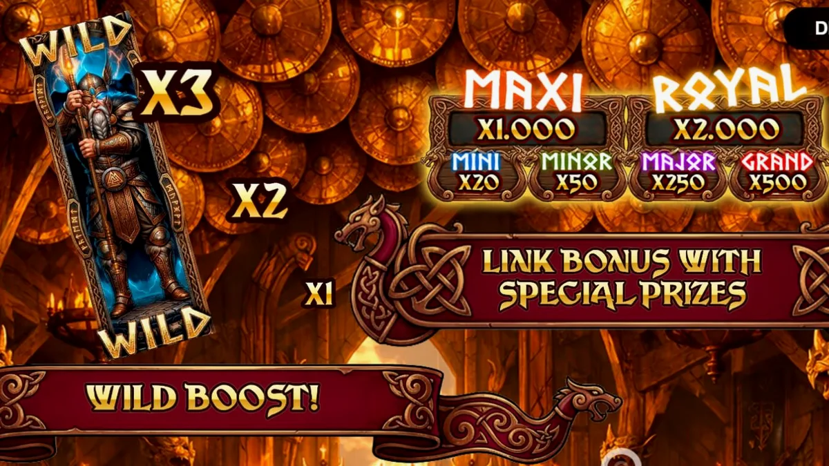 Valhalla Wilds Boost slot machine theme with Viking warriors and Norse runes