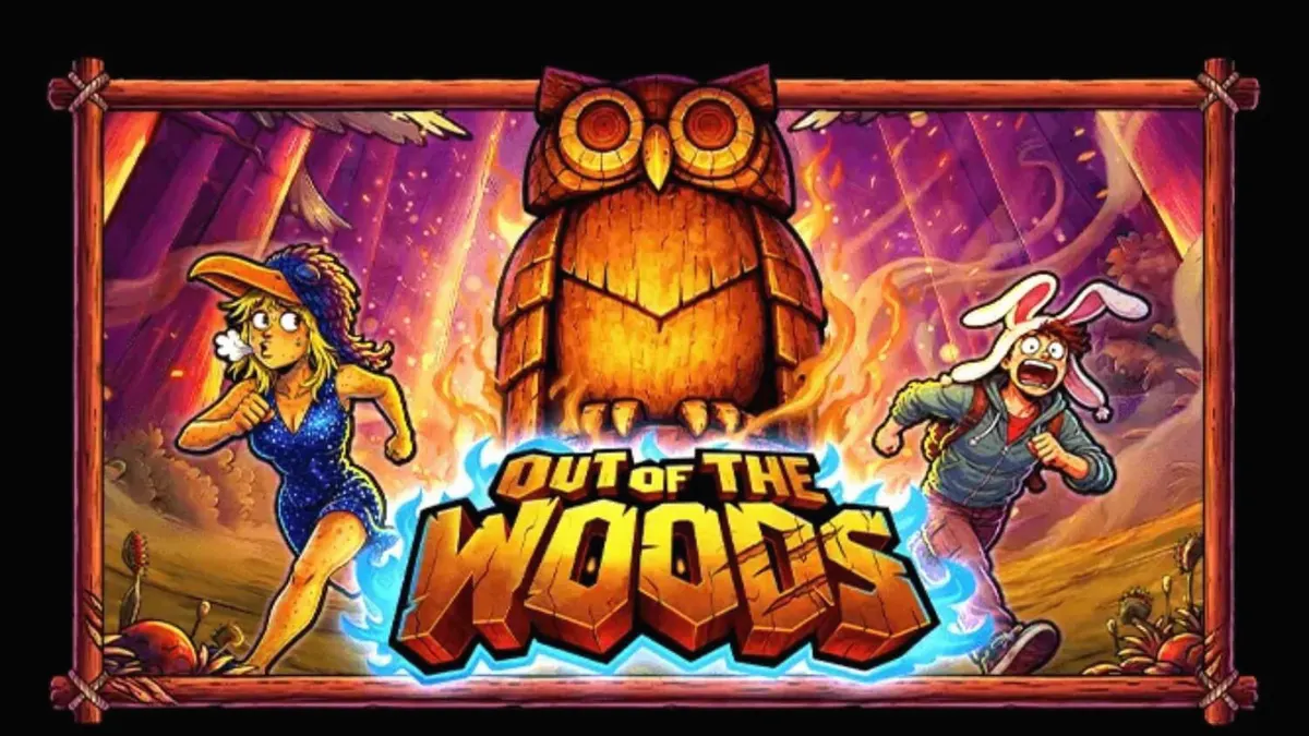Pemandangan hutan misterius dengan elemen petualangan dalam slot Out of the Woods