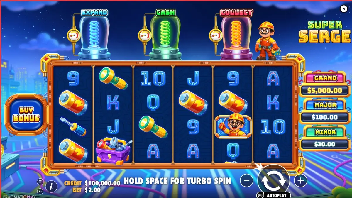 Tampilan antarmuka slot Super Serge dengan tema neon futuristik dan teknisi listrik.