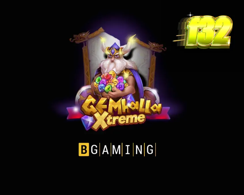 Thor berdiri di depan grid permainan Gemhalla Xtreme dengan latar belakang mitologi Nordik yang megah.